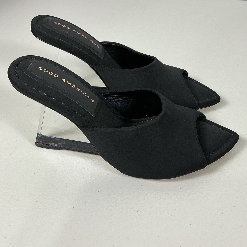 Good American Cinder Mules Black Architectural Wedge Open Toe Heels 6.5